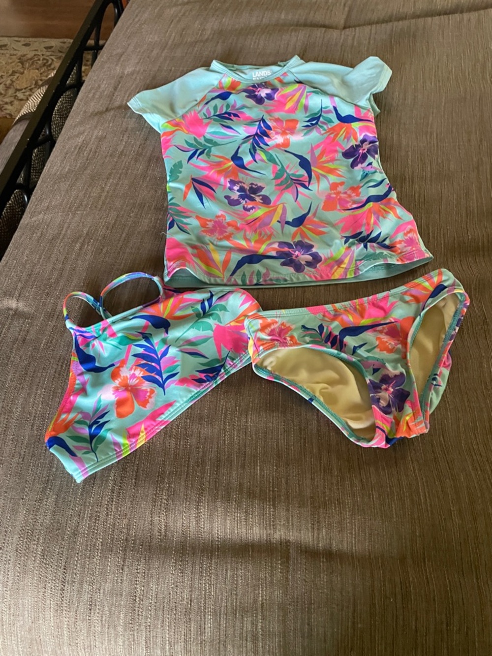 Lands' End Girls Aqua Floral Rash Guard Bikini Set